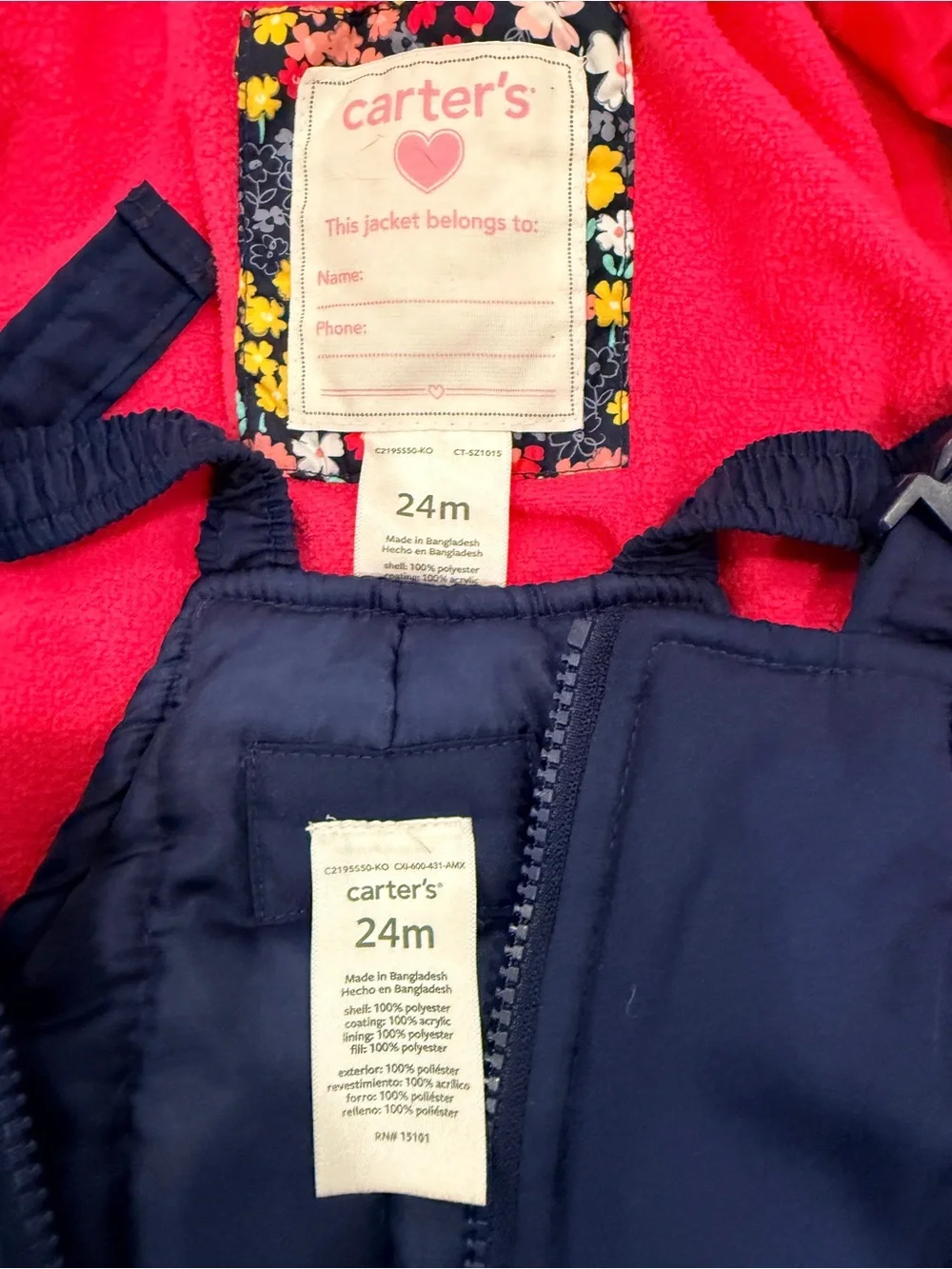 Carter's Floral Winter Coat and and Navy Snow-bib (24 months)